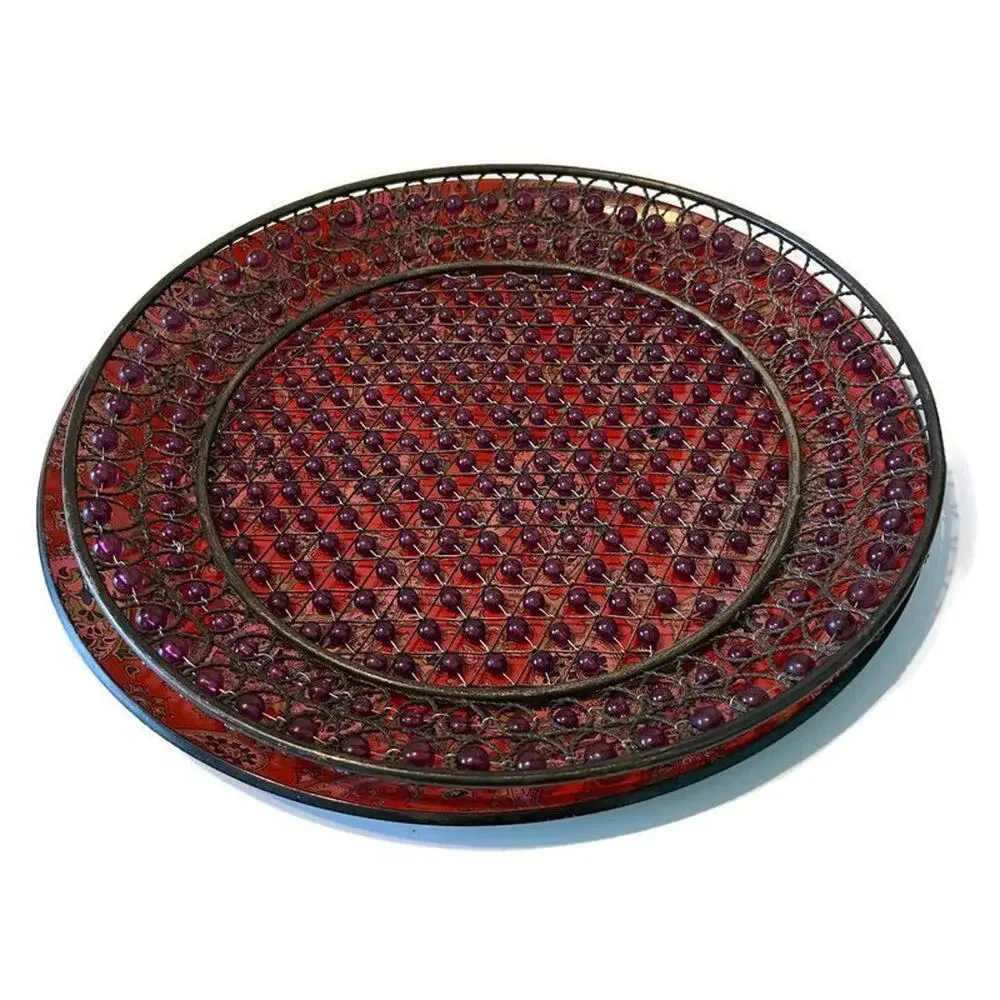 Vtg Purple Beaded Serving Trays 70s Paisley Decorative Set of 2 Hippie 70s